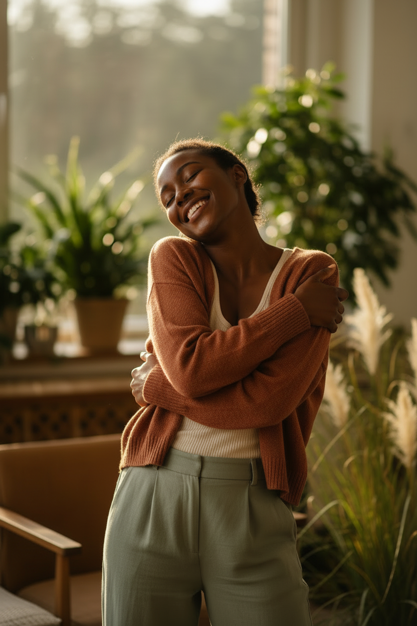 Mujer negra abrazándose feliz